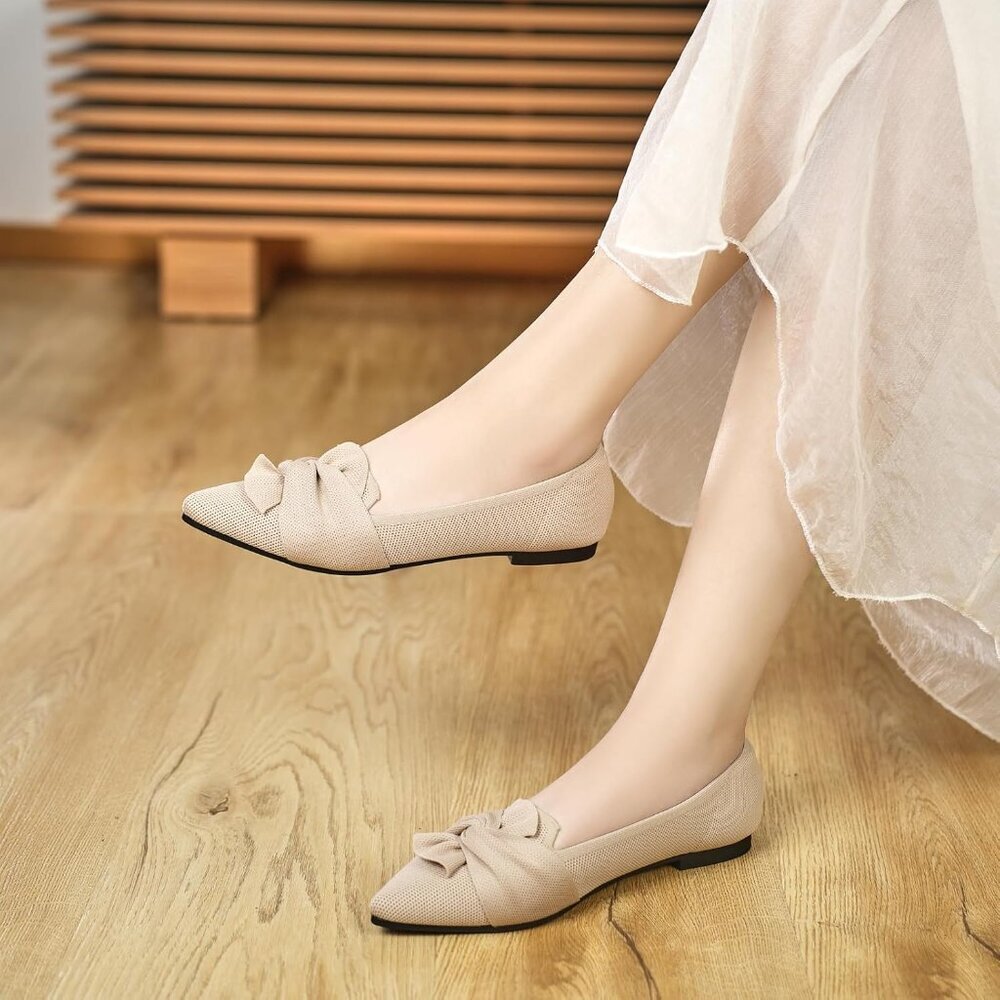 Women's Beige Pointed Toe Ballet Flats with Bow Comfortable Knit Dressy Flats - Picture 8 of 8